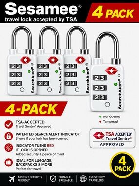 TSA-Accepted White Combination Luggage Locks - 4 Pack